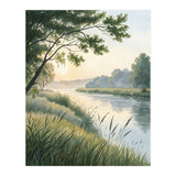 Serene River Sunrise Watercolor Painting with Meadow Grasses and Warm Golden Atmosphere Landscape (Print Only) thumbnail