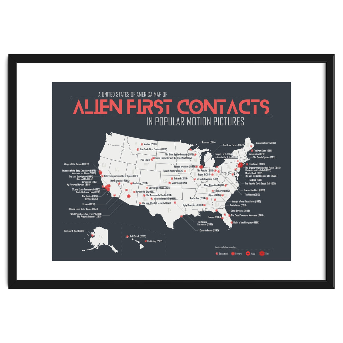 USA Map of Alien First Contacts in Movies