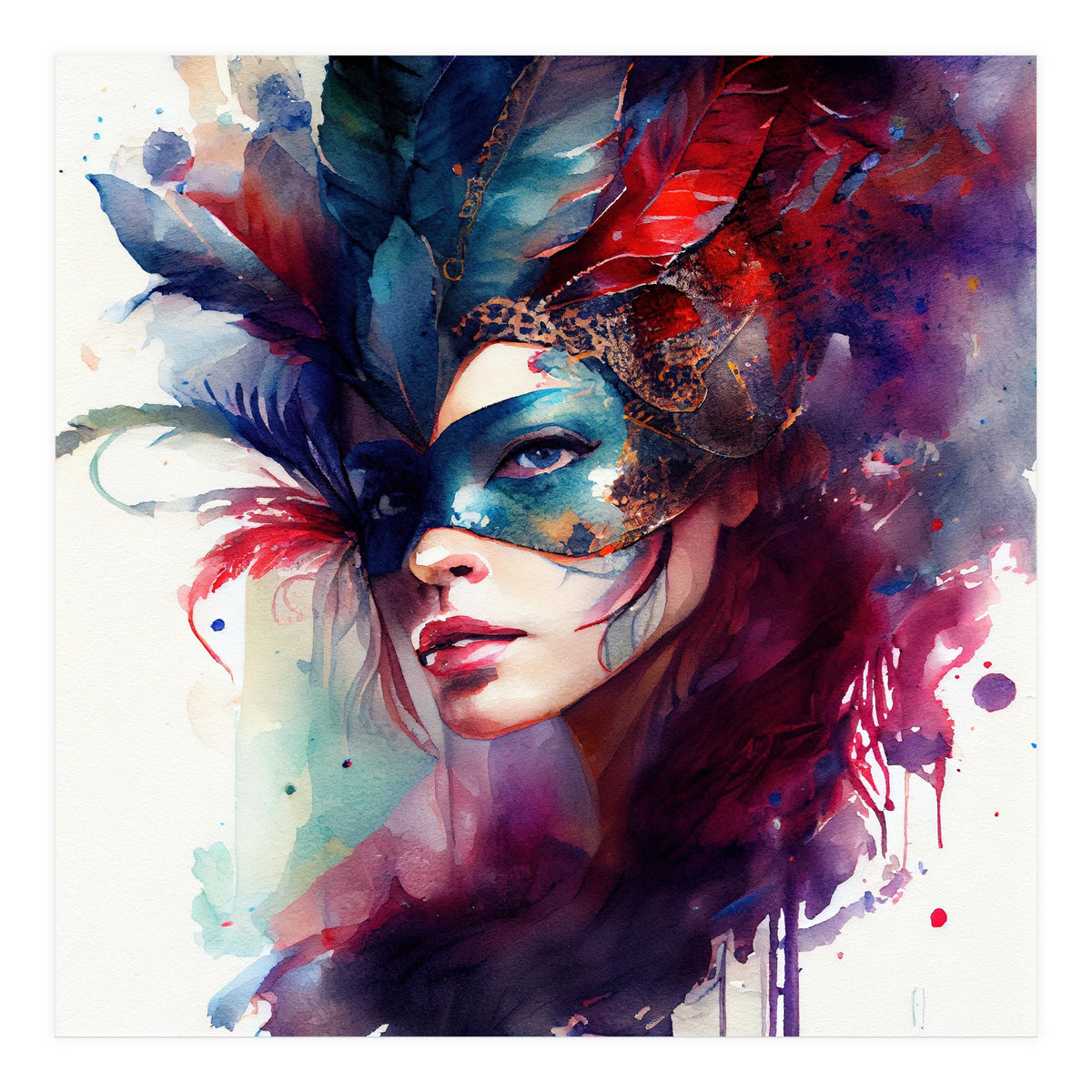 Turquoise Feathered Carnival Mask Portrait (Print Only)