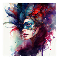 Turquoise Feathered Carnival Mask Portrait (Print Only)