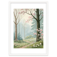 Enchanted Spring Woodland Path with Blooming Cherry Blossoms and Misty Pastel Forest Atmosphere
