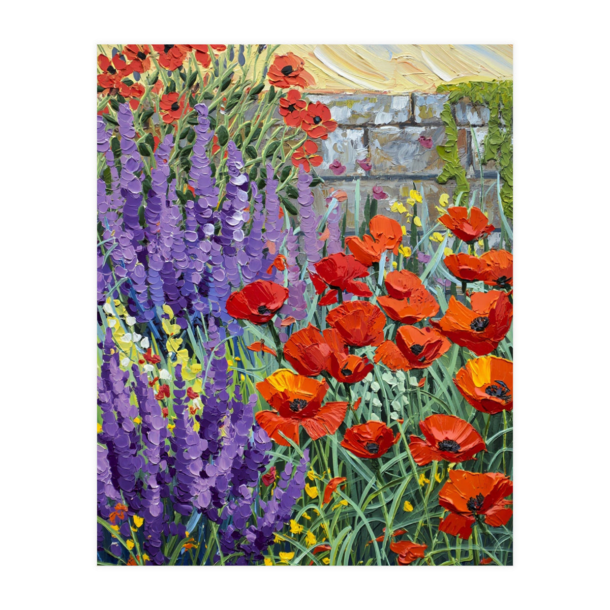 Vibrant Summer Poppy and Lavender Garden Oil Painting (Print Only)