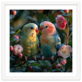Two Lovebirds Perched On A Branch Near Flowers thumbnail