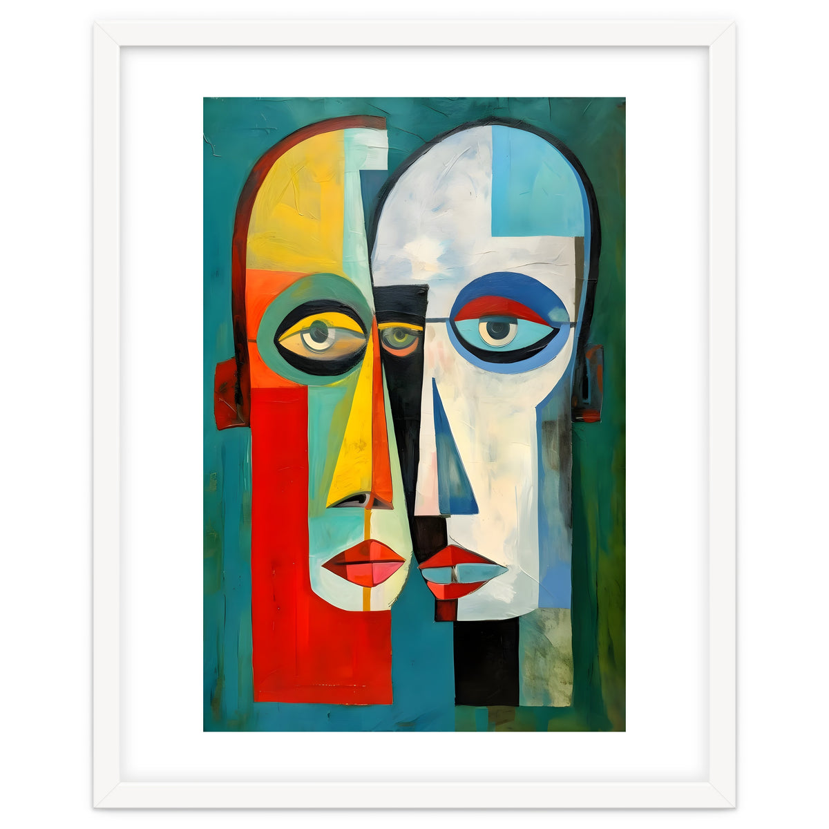 INSEPERABLE #02, Abstract robotic looking heads merged in bright vivid hues with emphasis on the eyes.