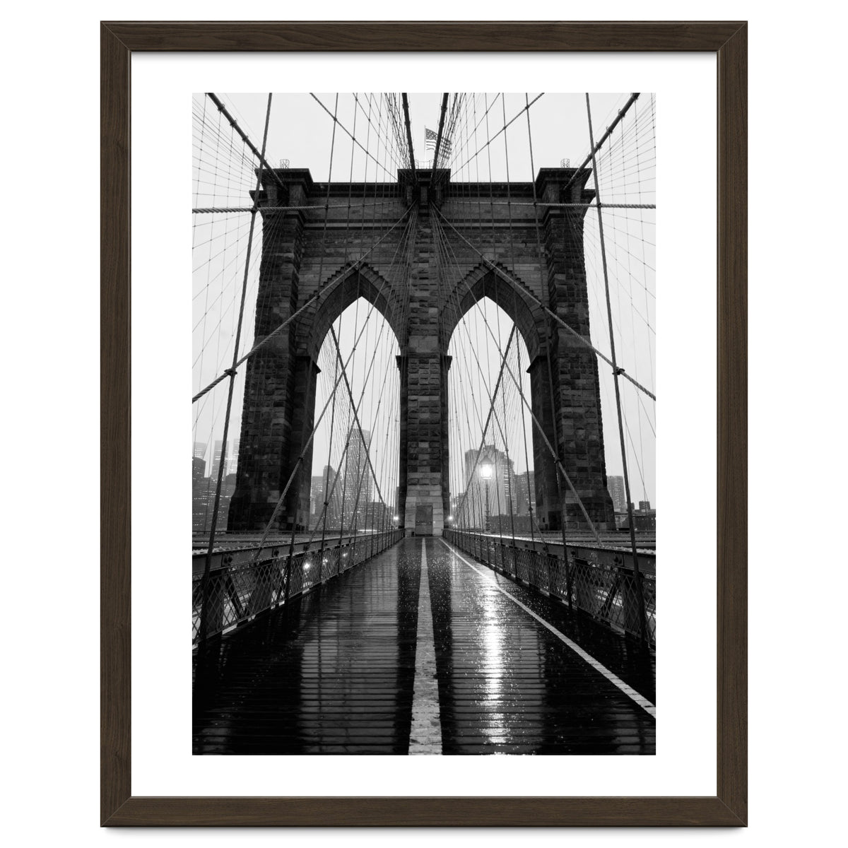 Brooklyn Bridge Black and White, Moody NYC Architecture, Rainy Urban Photography