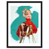 Sexy Pinup Girl In Red Dress Posing On a Ladder thumbnail