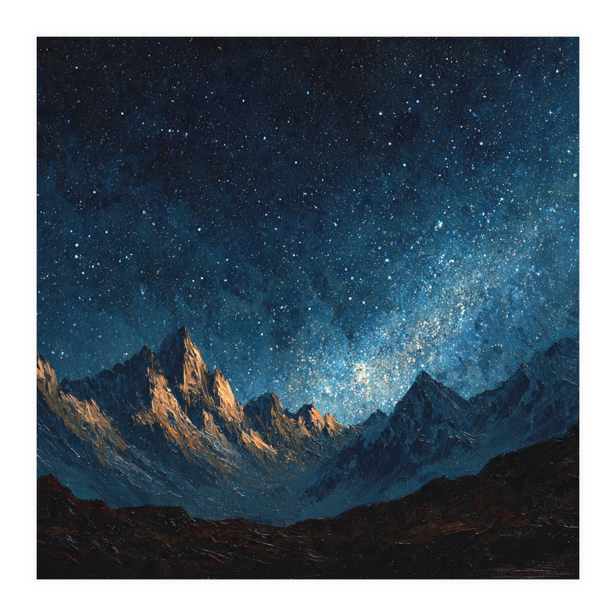 Starry Night Over Majestic Mountains Impasto Oil Painting Style (Print Only)