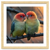Two Lovebirds Perched On A Branch At Sunset