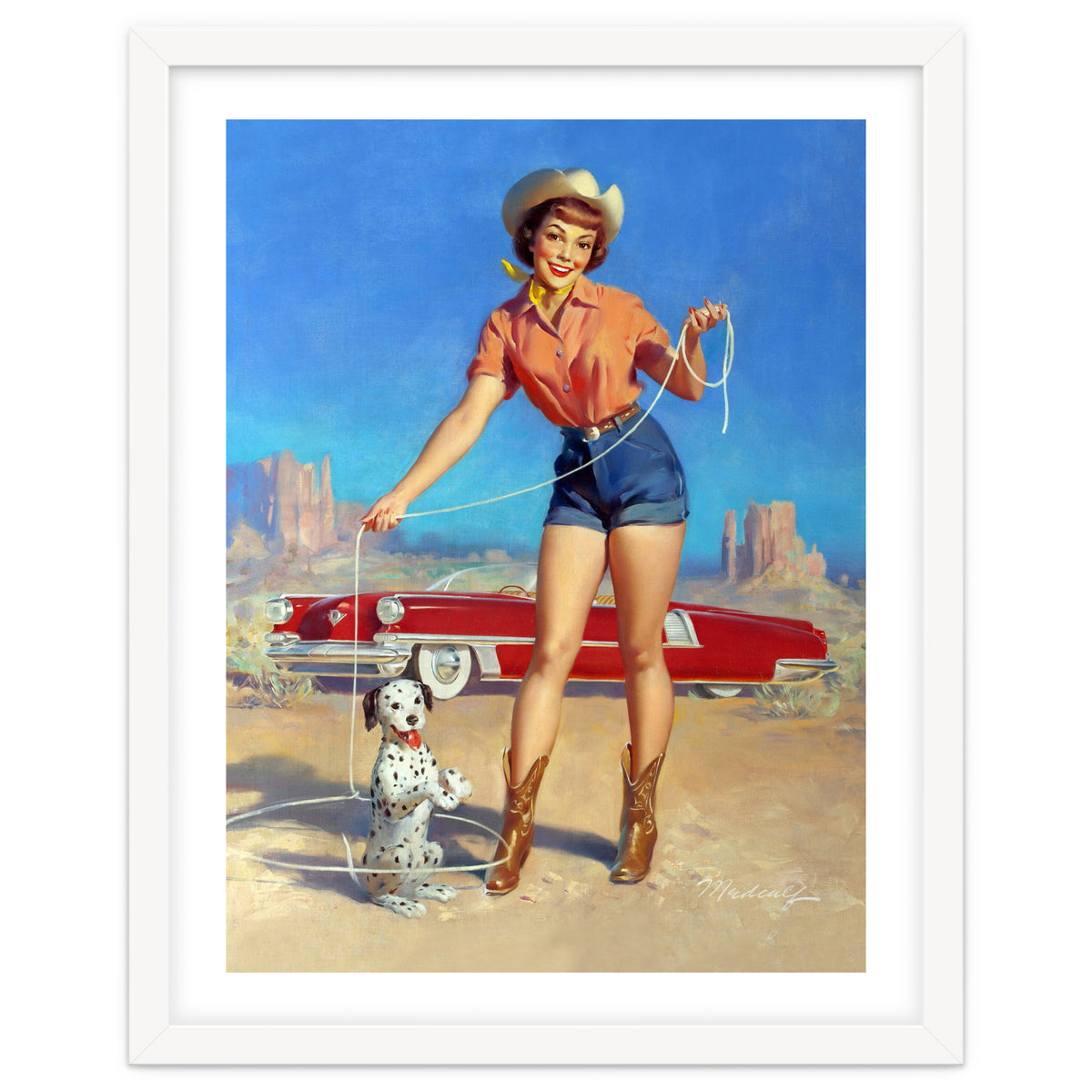 Pinup Cowgirl Showing A New Dog Trick