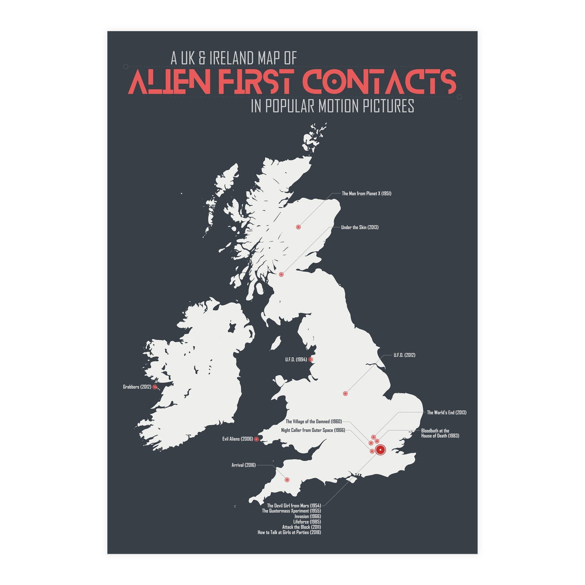 UK & Ireland Map of Alien First Contacts in Movies (Print Only)