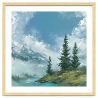 Ethereal Alpine River Valley with Snow-Capped Mountains