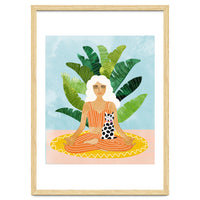 Meditation With Thy Cat Poster | Blonde Woman of Color | Tropical Banana Leaves Quirky Pet Workou