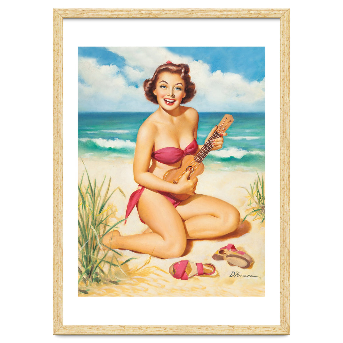 Pinup Girl Playing Ukulele On The Beach