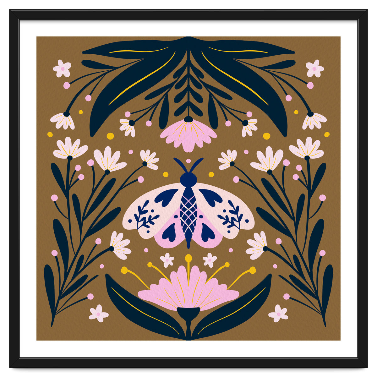 Pink Moth with Flowers on a brown background