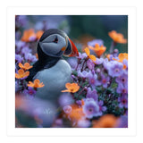 Puffin Bird Among Vibrant Purple And Orange Flowers (Print Only) thumbnail