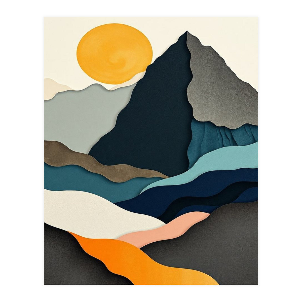 Minimalist Layered Mountain Landscape with Golden Sun (Print Only)