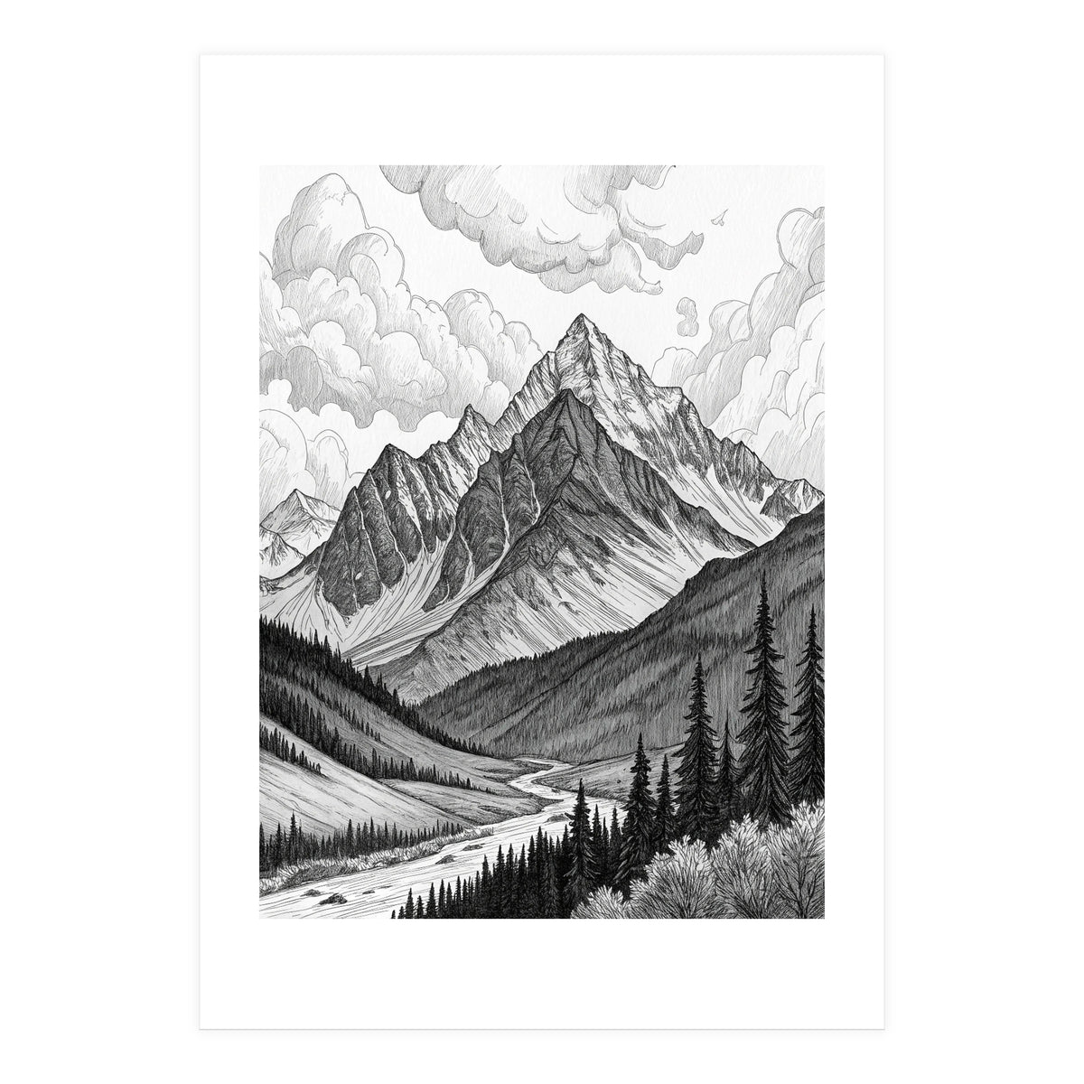 Majestic Alpine Mountain Range Sketch (Print Only)