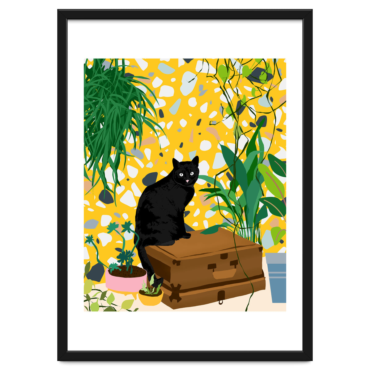 Urban Jungle Cat, Black Cats Pets Terrazzo Decor, Whimsical Bohemian Animals Illustration, Eclectic Quirky Travel
