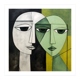 DYNAMIC FUSION, Two abstract heads converge - vibrant green tones intertwine with cool grey hues, a dance of contrast and connection. (Print Only) thumbnail