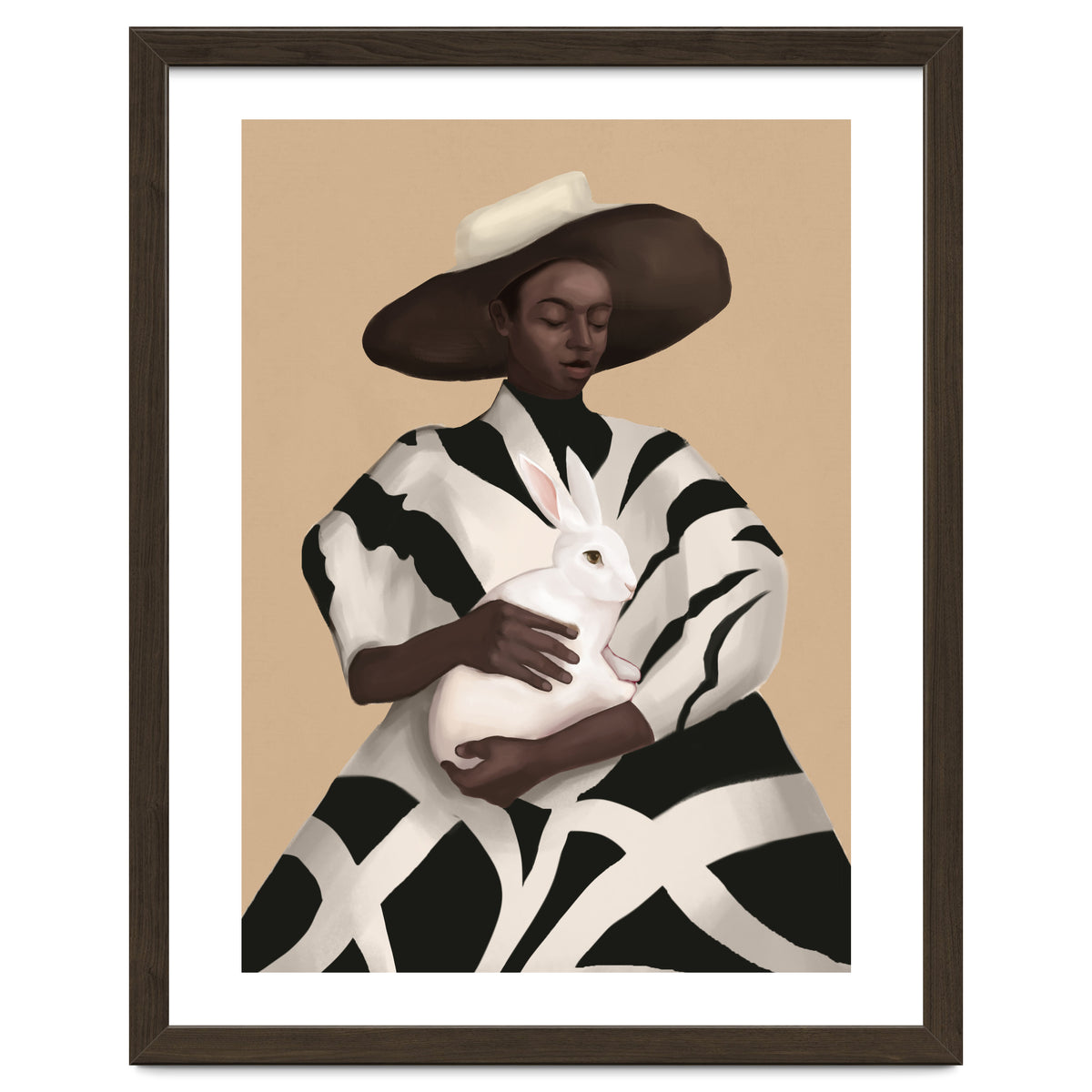 Woman In Stripes Holding A White Rabbit