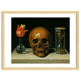 Vanitas, allegory of fleeting time with skull and hour-glass. Oil on canvas. thumbnail