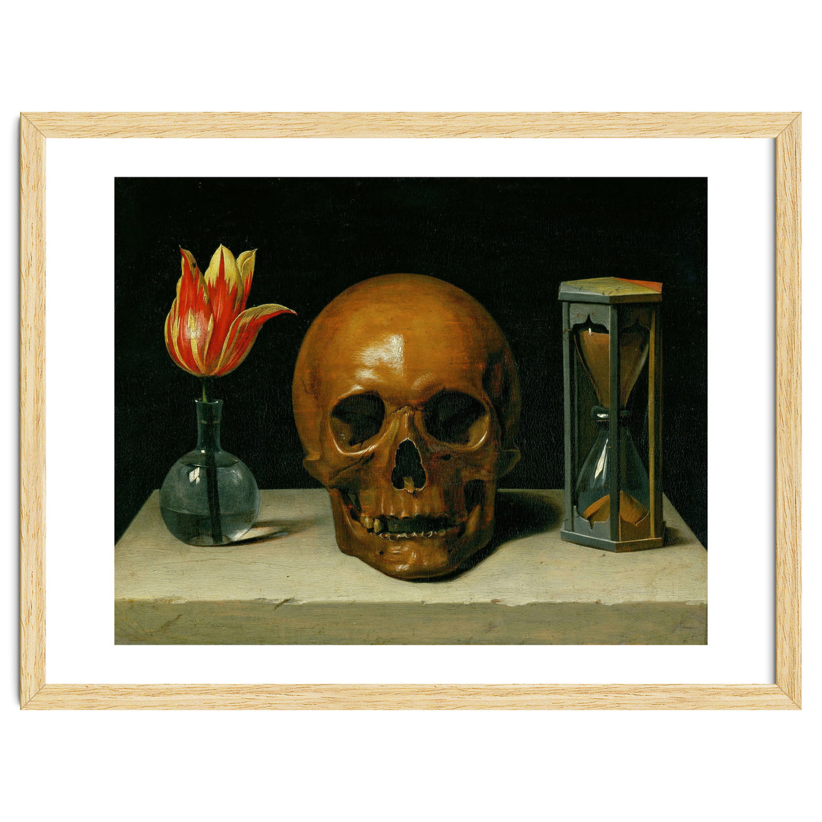 Vanitas, allegory of fleeting time with skull and hour-glass. Oil on canvas.