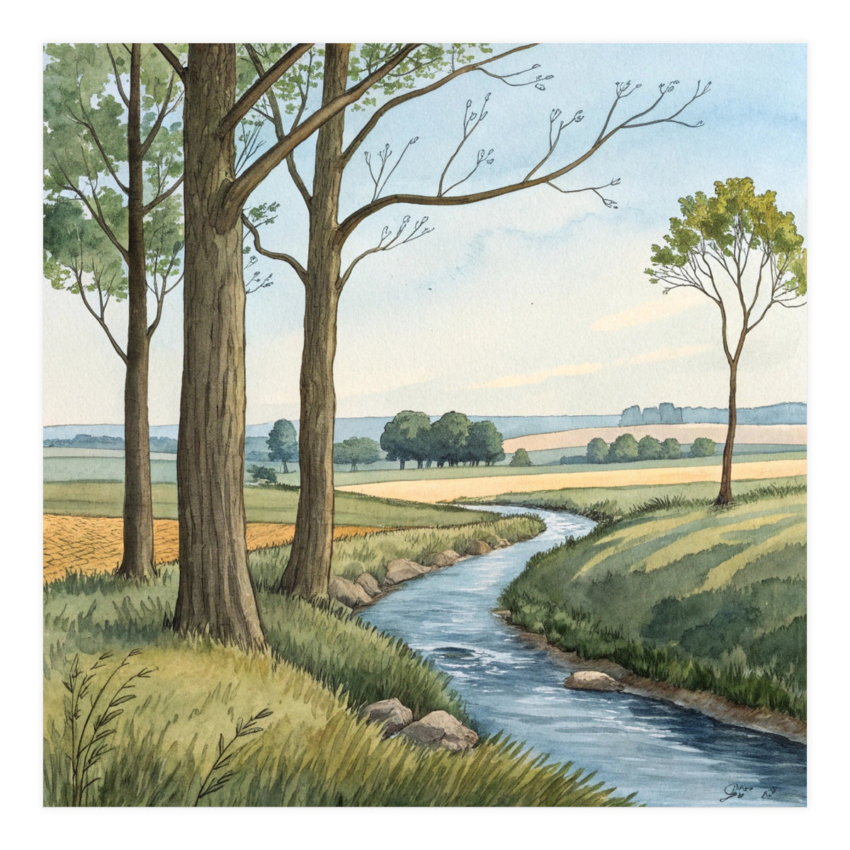 Pastoral Countryside Watercolor Painting with Winding Stream Meadows and Deciduous Trees Landscape (Print Only)