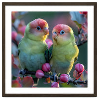 Two Lovebirds On A Branch Surrounded By Berries