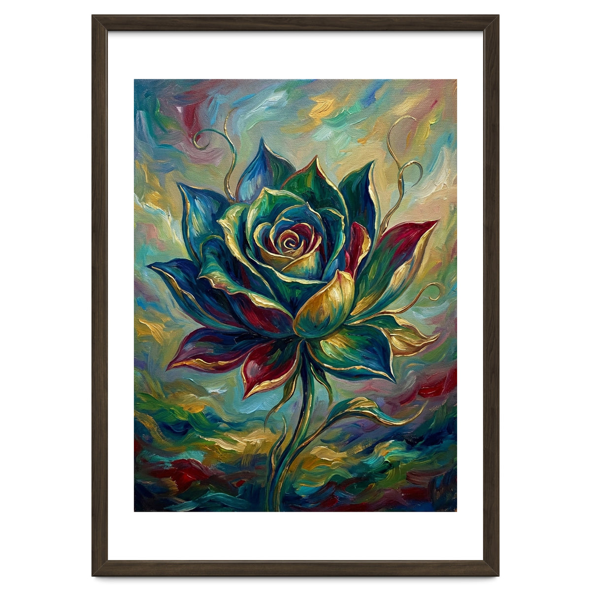 Enchanted Teal and Gold Rose Impasto Oil Painting