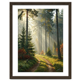 The Golden Path: Ethereal Sunbeams Piercing Through a Misty Evergreen Forest at Dawn thumbnail