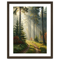 The Golden Path: Ethereal Sunbeams Piercing Through a Misty Evergreen Forest at Dawn
