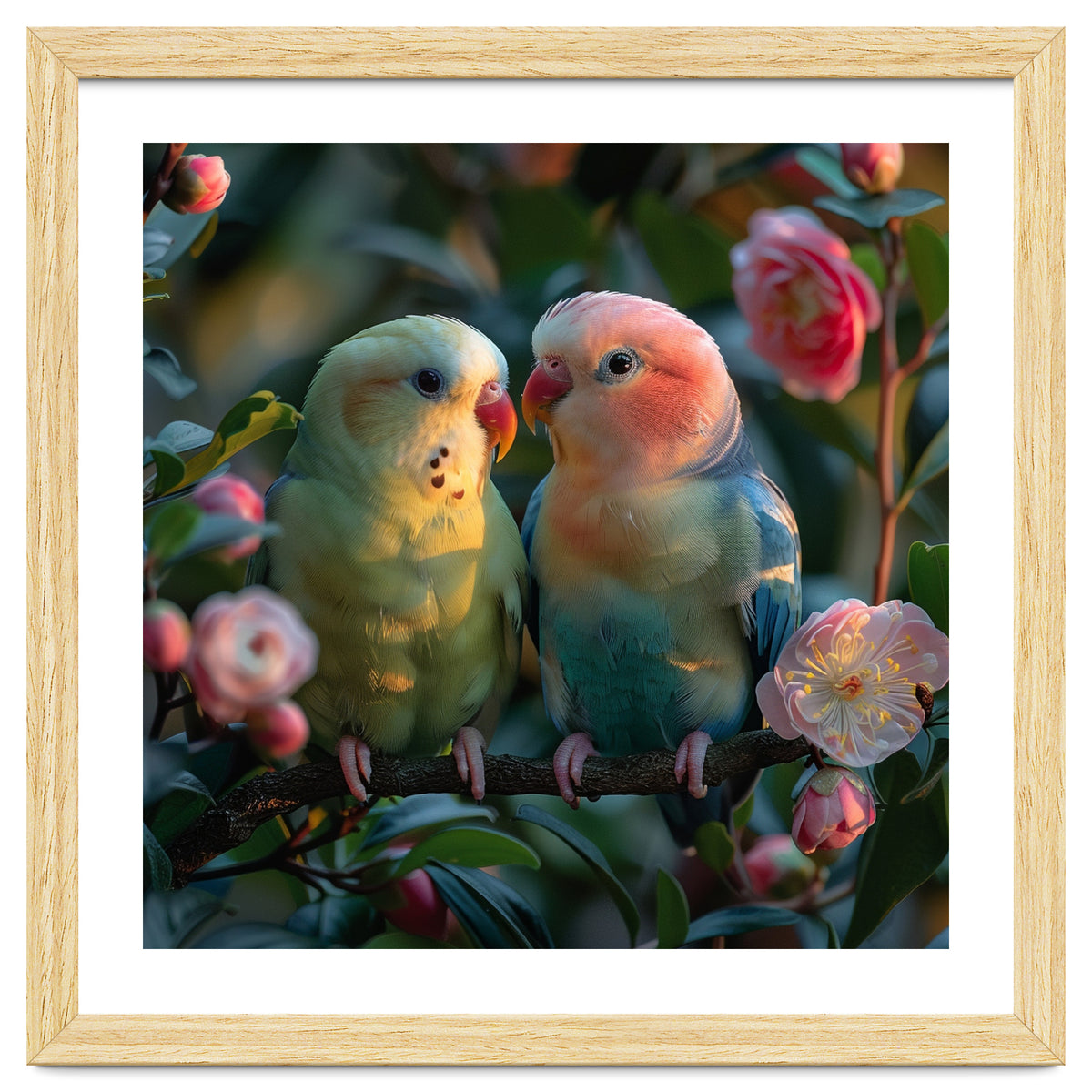 Two Lovebirds Perched On A Branch Near Flowers