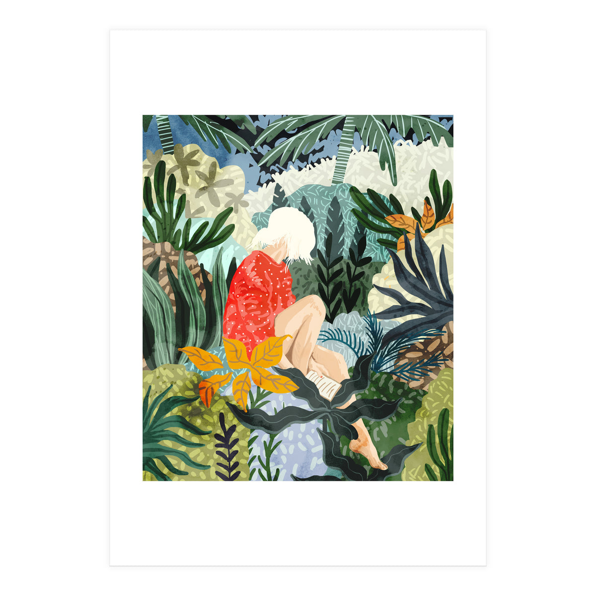 The Distracted Reader | Mindfulness Solo Travel | Bohemian Jungle Botanical Mood | Nature Book Lady (Print Only)