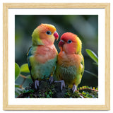 Lovebirds Pair Perched On Mossy Branch Outdoors thumbnail