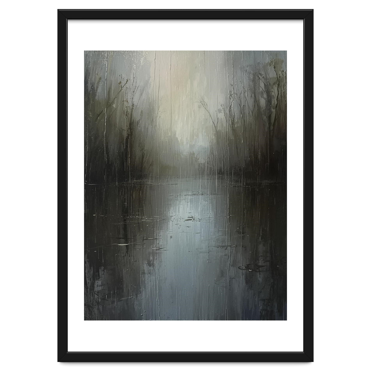 Ethereal Rainy Lake Forest Oil Painting