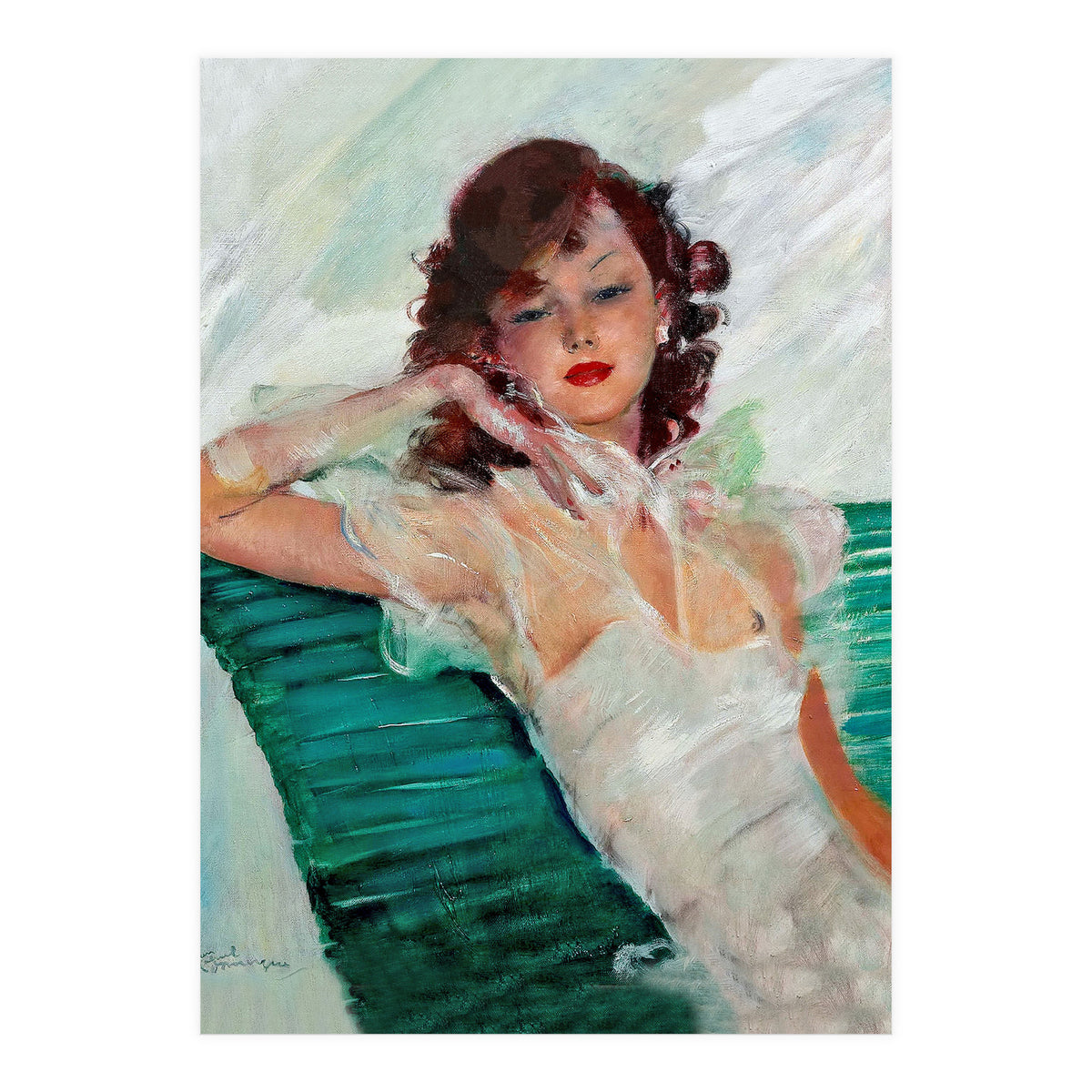 Girl Is Resting On A Green Bench, Watercolor Painting (Print Only)