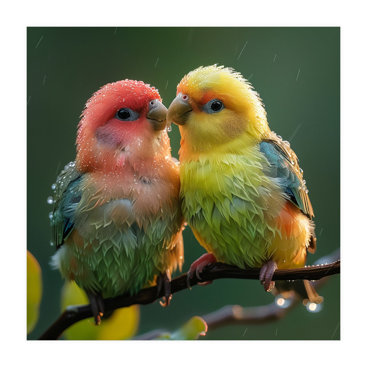 Two Lovebirds Perched On A Branch In Rain (Print Only)