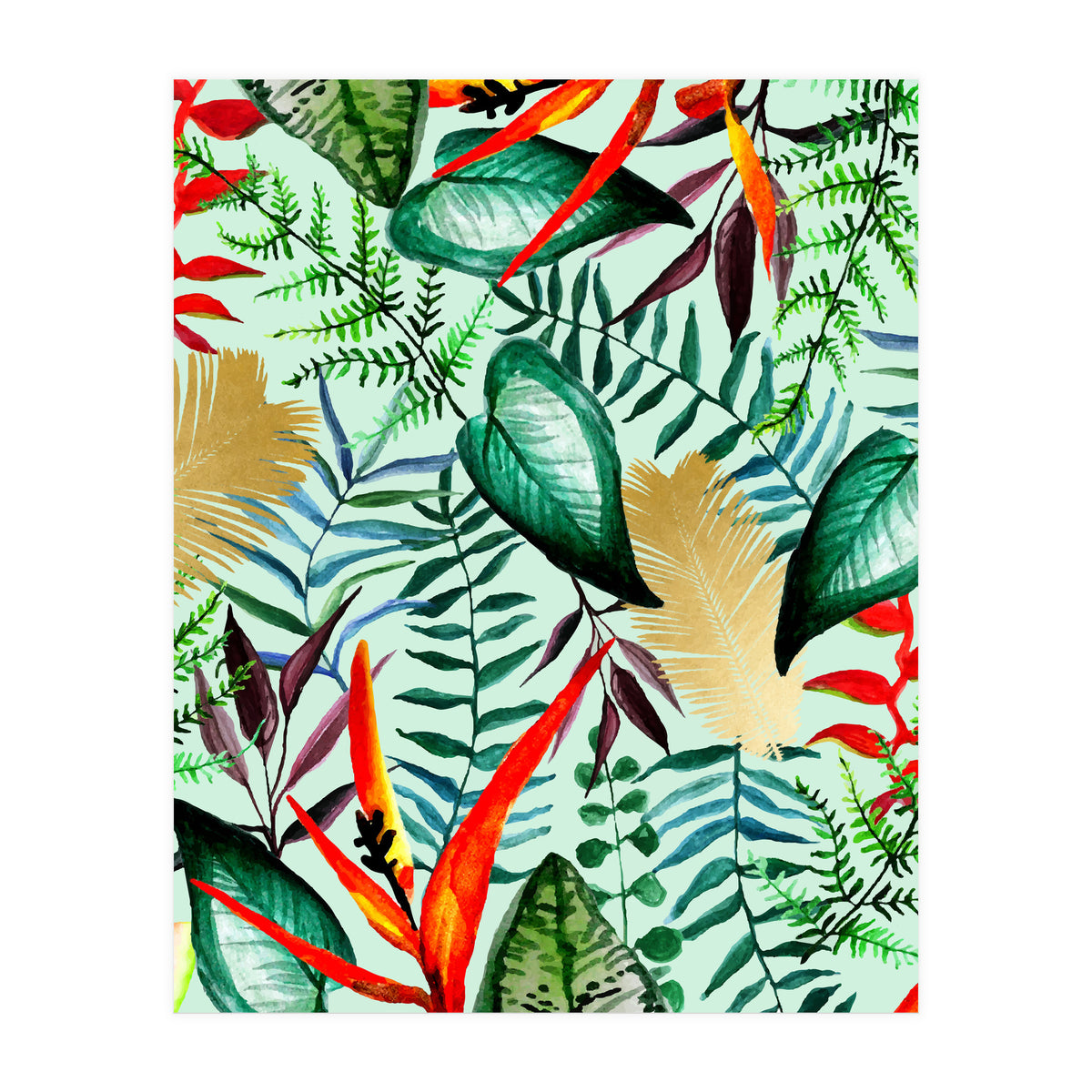 Paradise, Tropical Jungle Botanical Bohemian Illustration, Palm Bird of Paradise Gold Painting (Print Only)