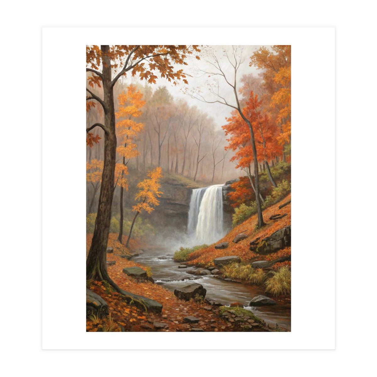 Serene Autumn Waterfall in Misty Forest (Print Only)