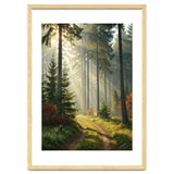 The Golden Path: Ethereal Sunbeams Piercing Through a Misty Evergreen Forest at Dawn thumbnail