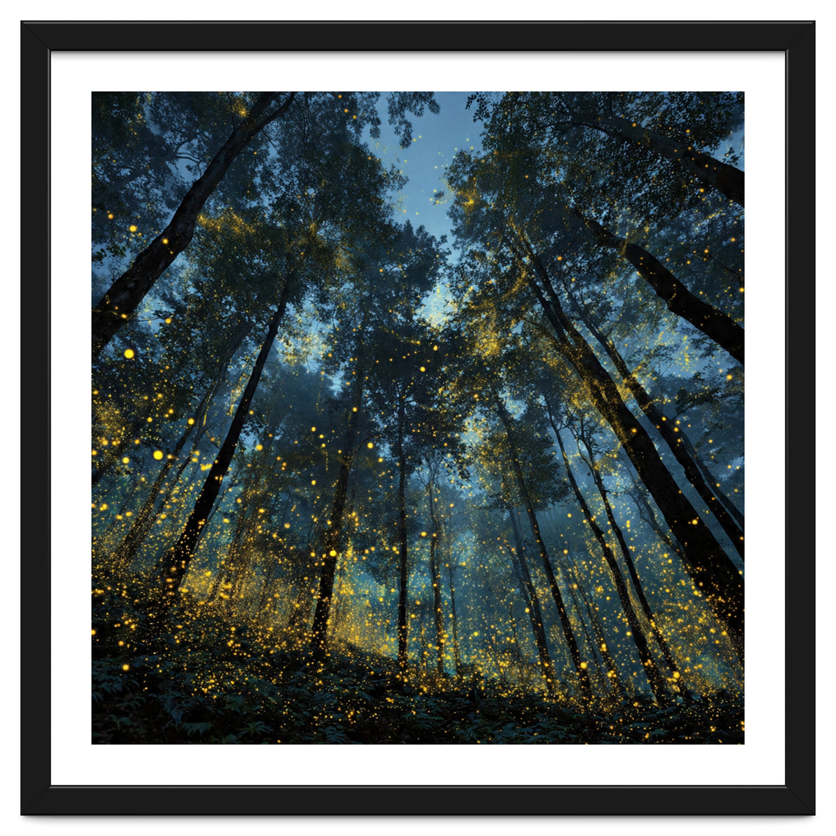 Celestial Forest Canopy with Swirling Golden Fireflies and Deep Twilight Blue Sky Digital Art