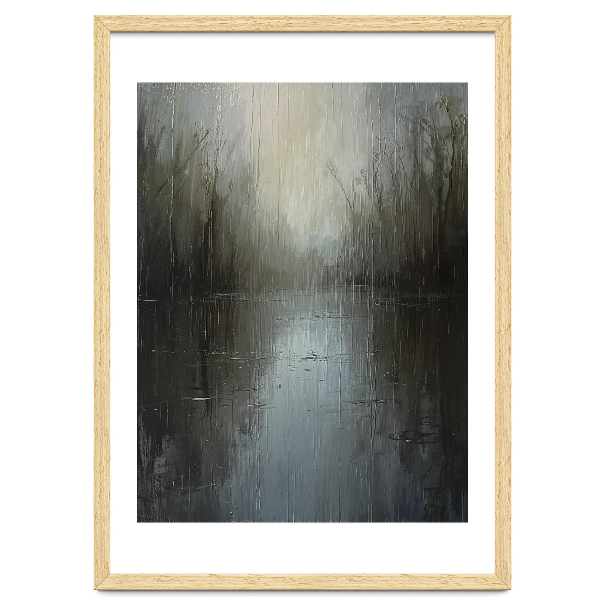 Ethereal Rainy Lake Forest Oil Painting