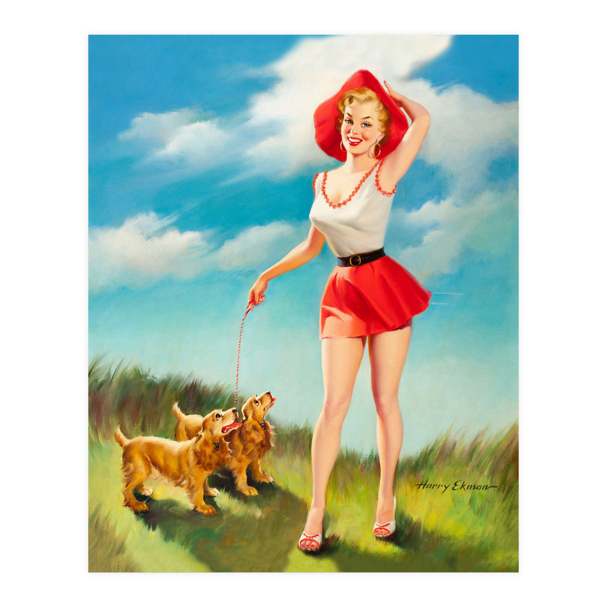 Pinup Girl In Little Red Dress And Two Dogs (Print Only)