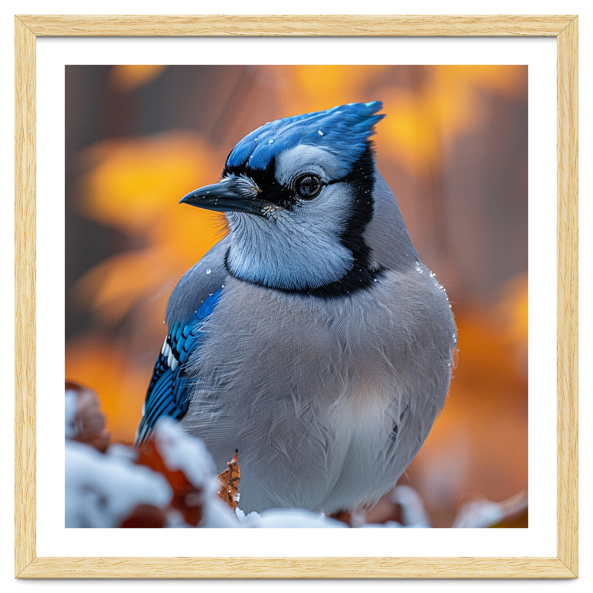 Blue Jay Bird In Winter Snowfall And Leaves