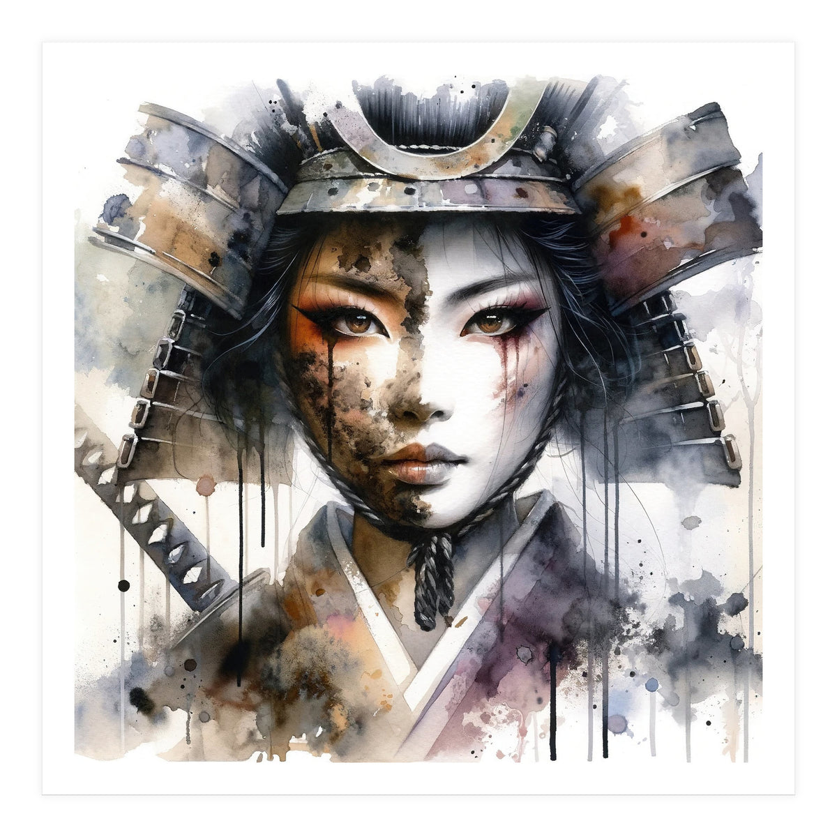 Ink Veil Asian Warrior Woman Portrait (Print Only)