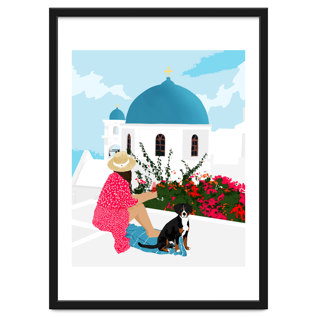 Greek Staycation, Pets Santorini Tropical Summer Travel, Dog White Buildings Architecture Fashion Bohemian