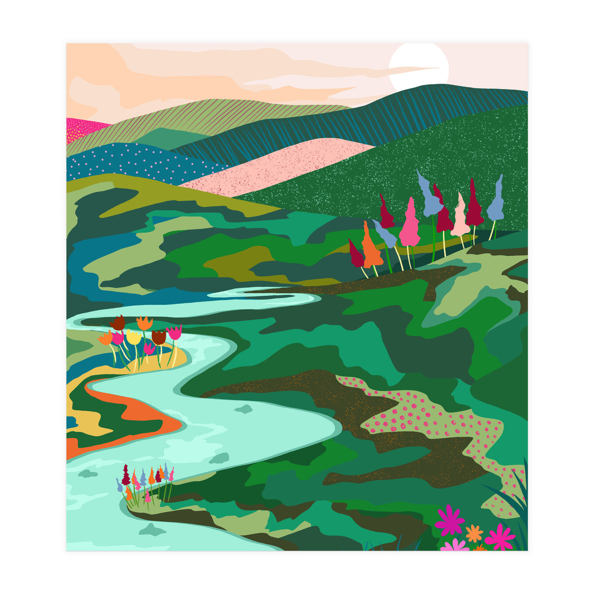 Endless Love, Bohemian Nature Landscape Scenic Meadow, Eclectic Colorful Travel Forest Mountains Sunset (Print Only)