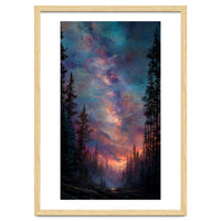 Magical Milky Way Night Sky over Pine Forest Silhouette Art