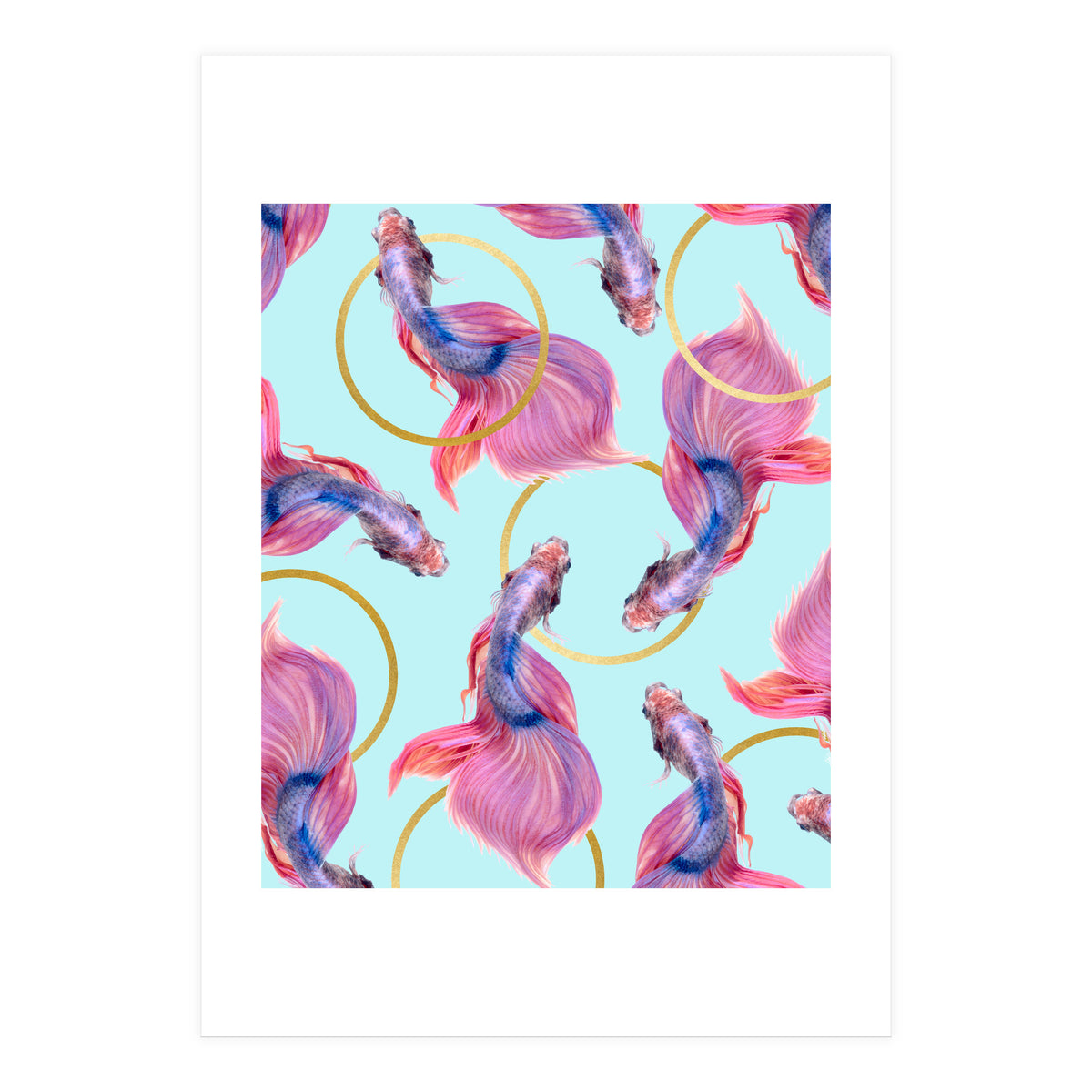 HullaHoops, Eclectic Colorful Fish Graphic Design, Animals Gold Rings Surrealism Quirky (Print Only)