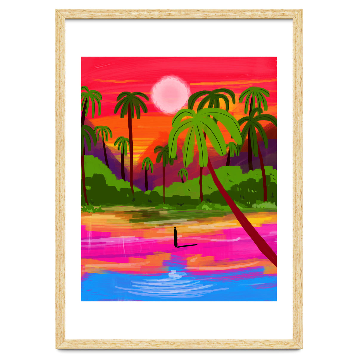 My Shadow & I, Sunset Painting Lake Beach Seashore, Tropical Nature Landscape Colorful Bohemian Traditional, Travel Concept Companion